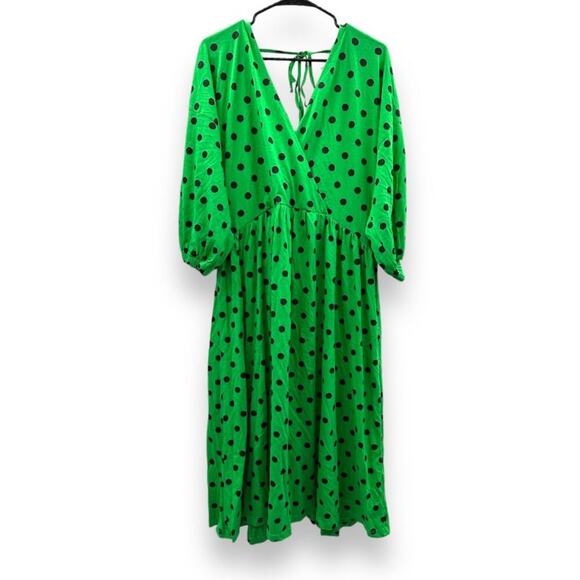 ASOS Design Green & Black Polka Dot Print 3/4 Sleeve Faux Wrap Midi Dress Sz 14 - Picture 5 of 9
